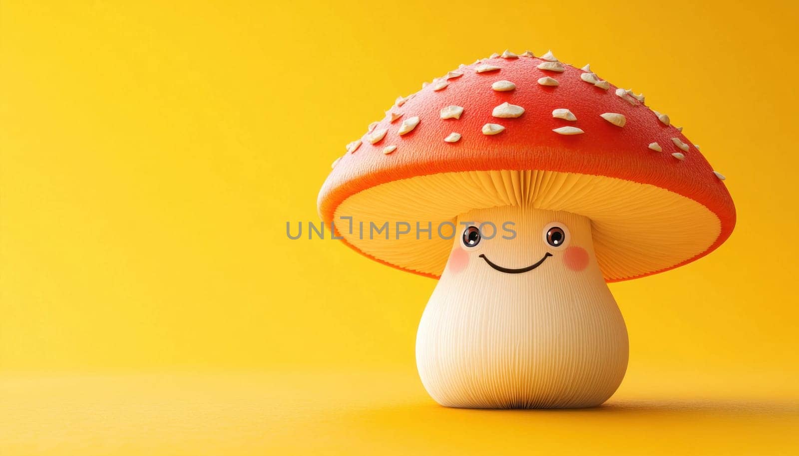 A cheerful toy mushroom featuring a smiling face set against a vibrant yellow background for added charm