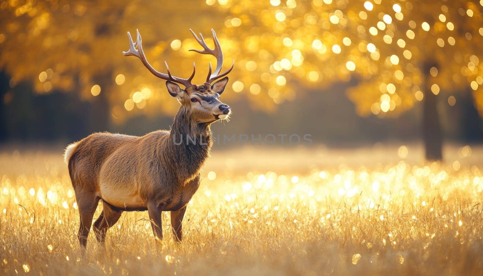 A majestic deer with impressive antlers is standing calmly in a lush field filled with tall grass all around