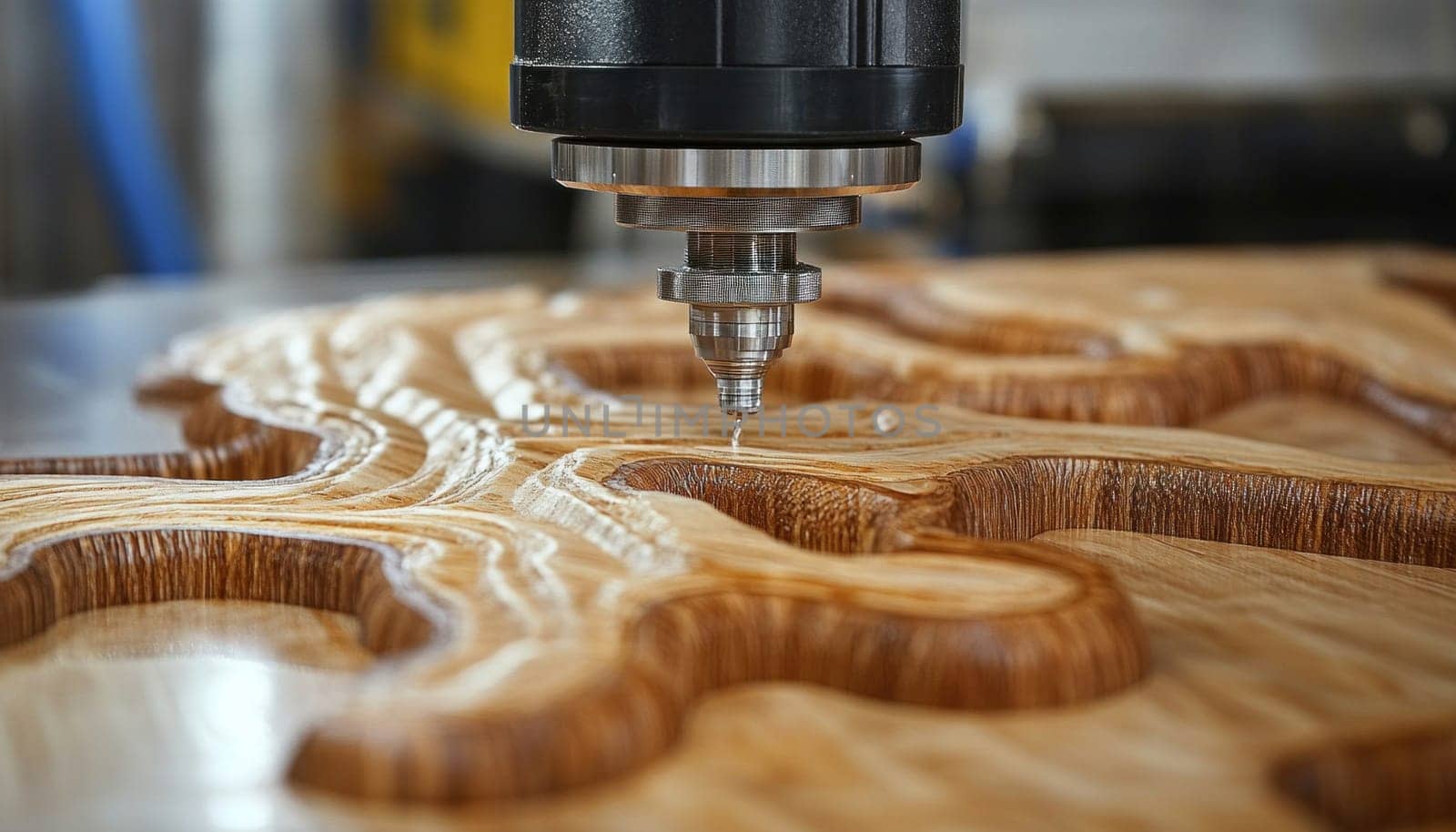 A machine is actively cutting a piece of wood into a specific shape that has been predetermined by the design