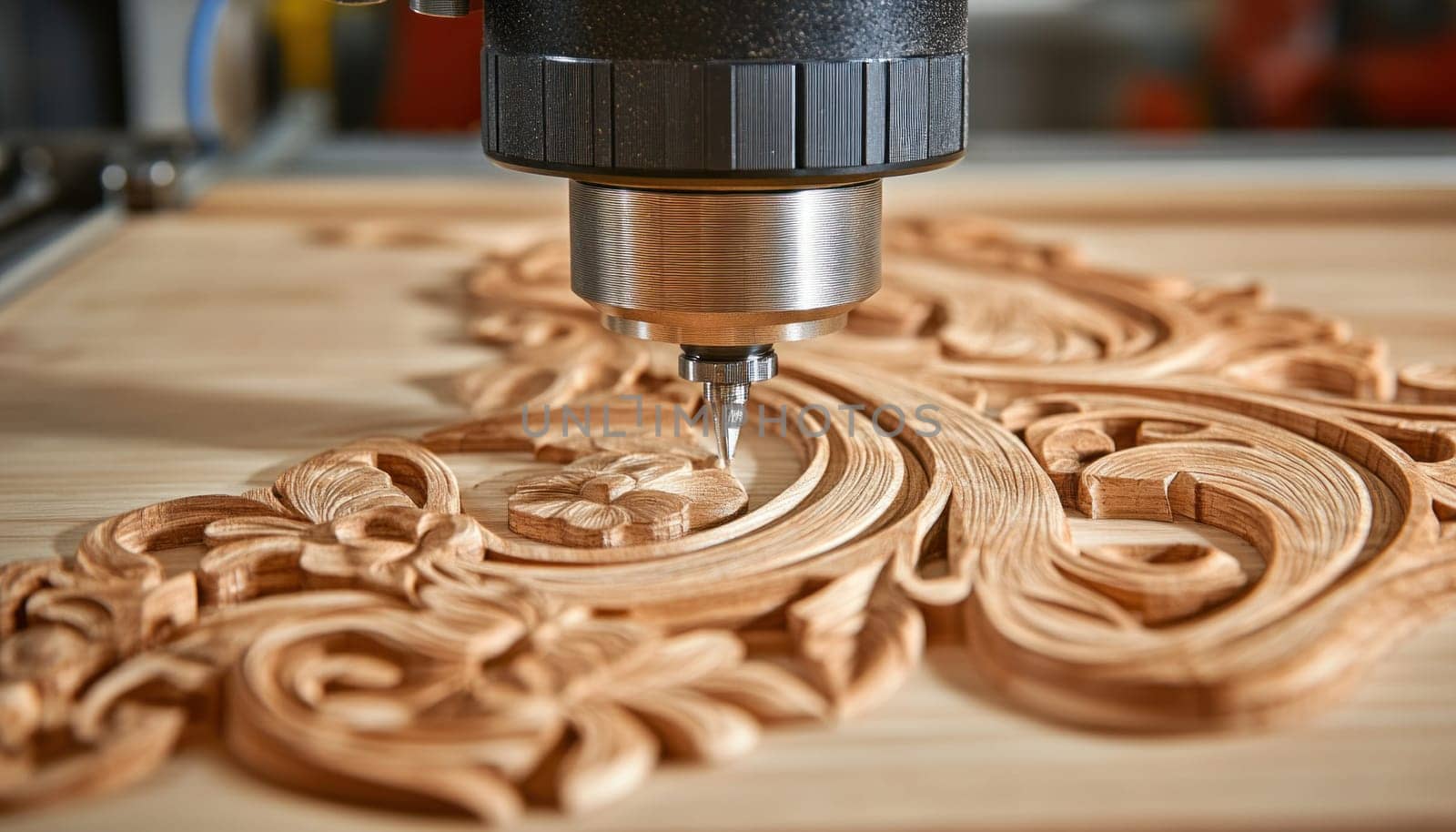 A machine is actively cutting a piece of wood into a specific shape that has been predetermined by the design