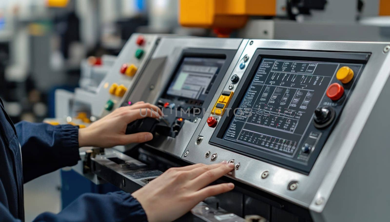 A dedicated individual is diligently working on a sophisticated machine that is situated in a bustling factory setting