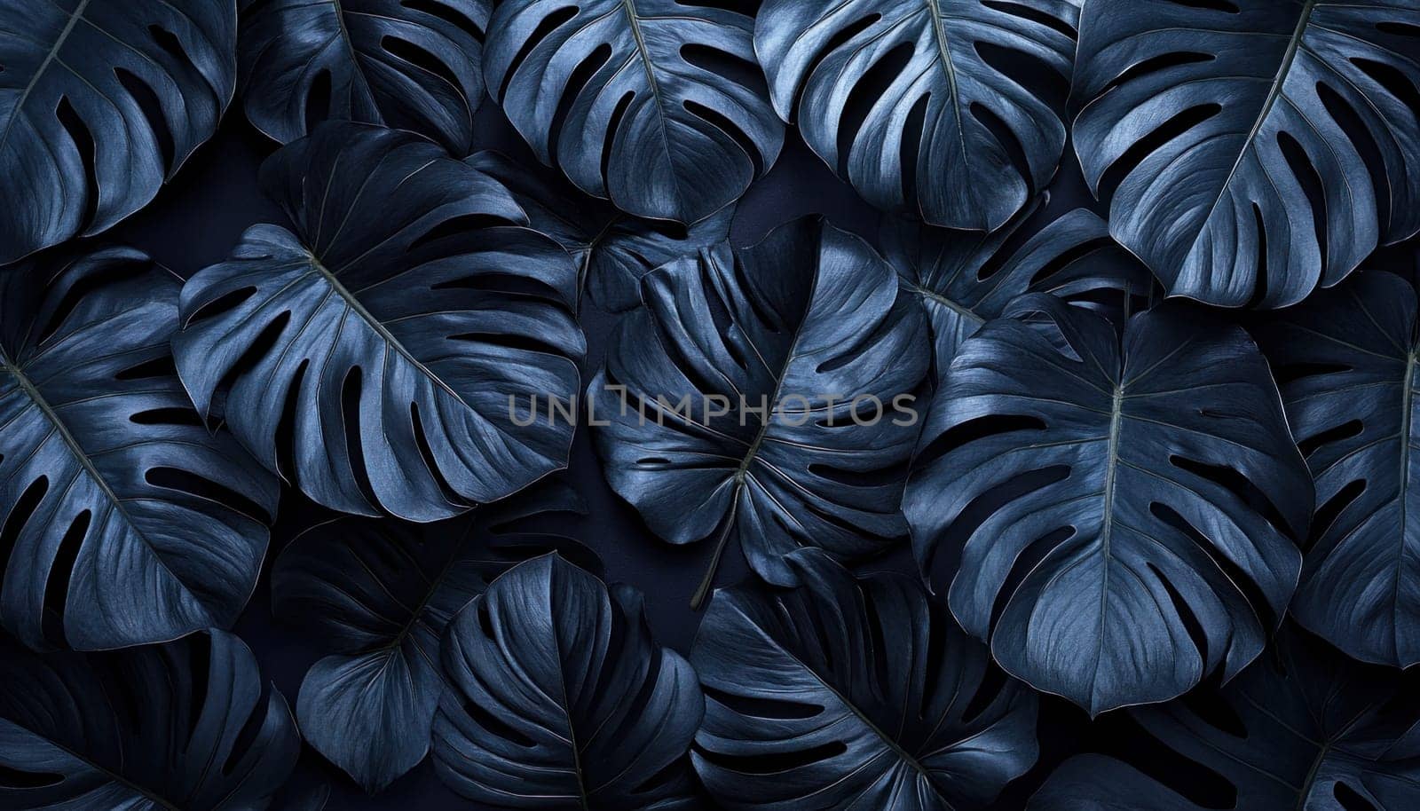 This is a detailed closeup image showcasing a bunch of vibrant blue leaves set against a dark background