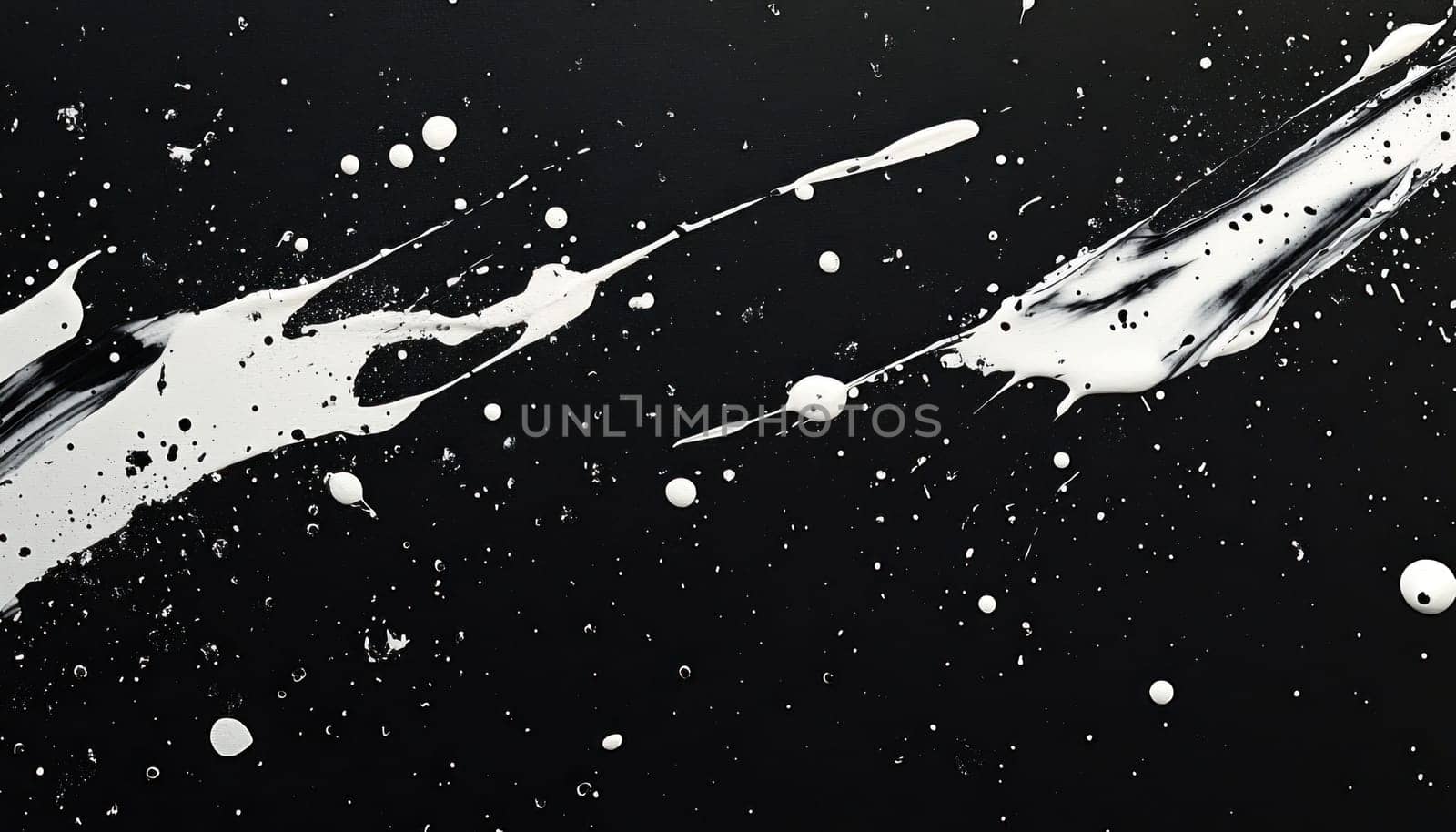 A dark black background featuring vibrant white paint splashes scattered across it artistically and randomly