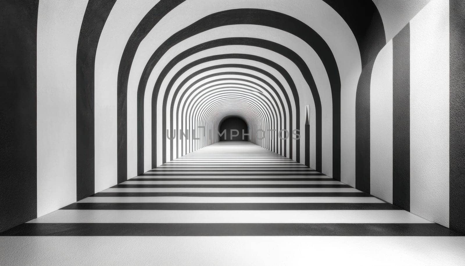 A long, black and white striped hallway featuring a door located at the end, inviting exploration ahead