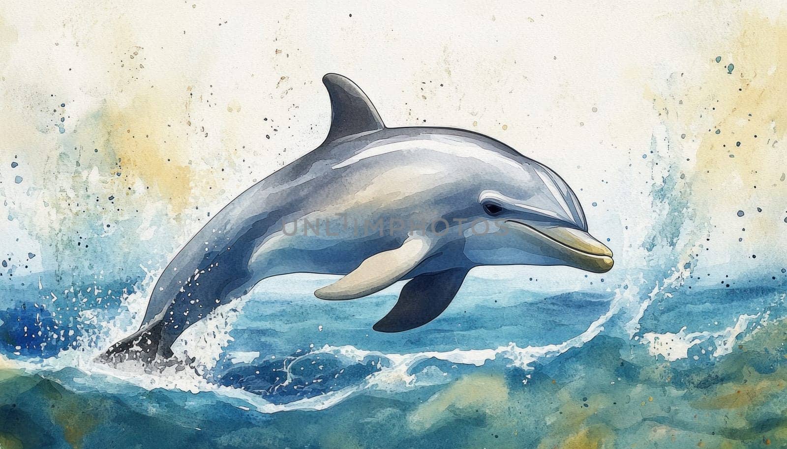 A dolphin is gracefully jumping out of the sparkling water in a beautiful watercolor painting that captures its motion