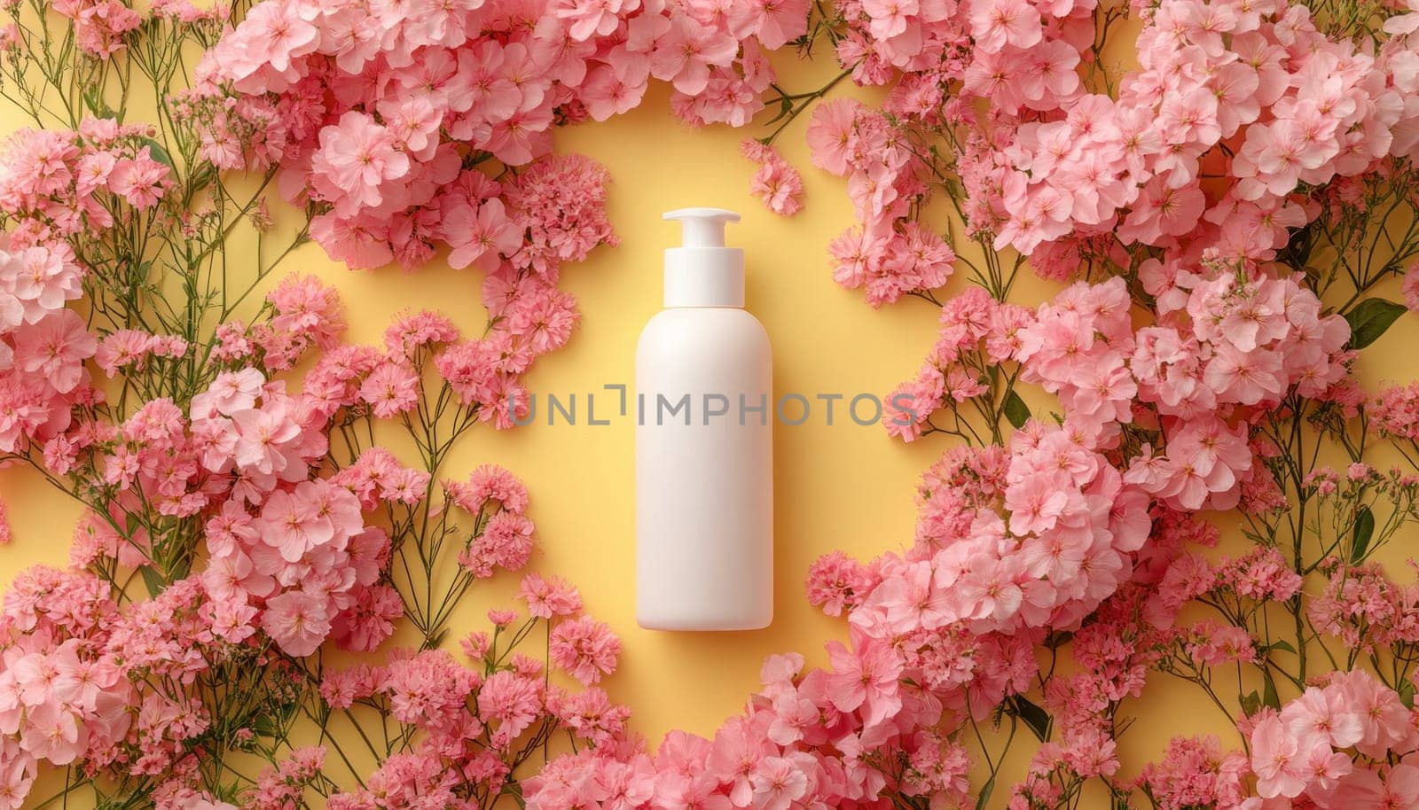 A beautiful white bottle is surrounded by vibrant pink flowers set against a cheerful yellow background