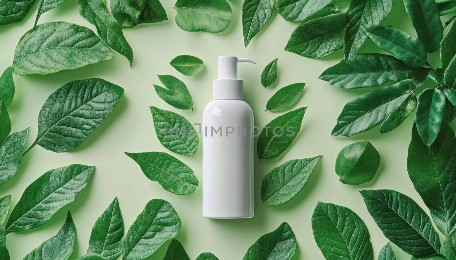 A pristine white bottle elegantly surrounded by lush green leaves set against a vibrant green background