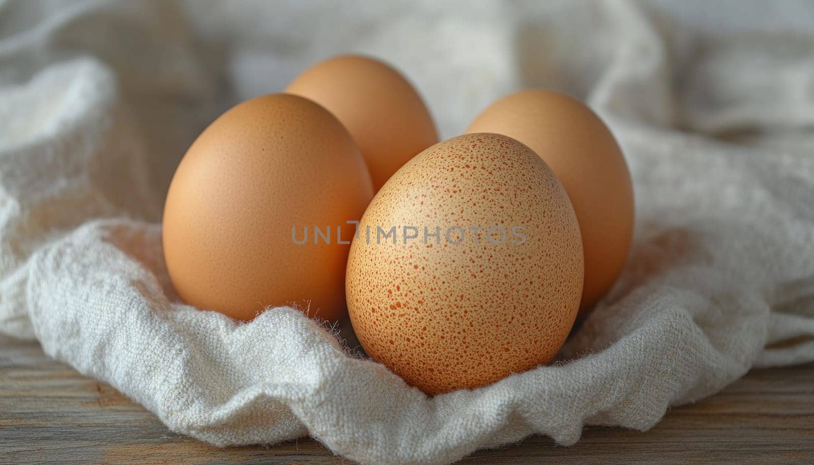 Three brown eggs are carefully placed on a clean white towel that is lying on a beautiful wooden table