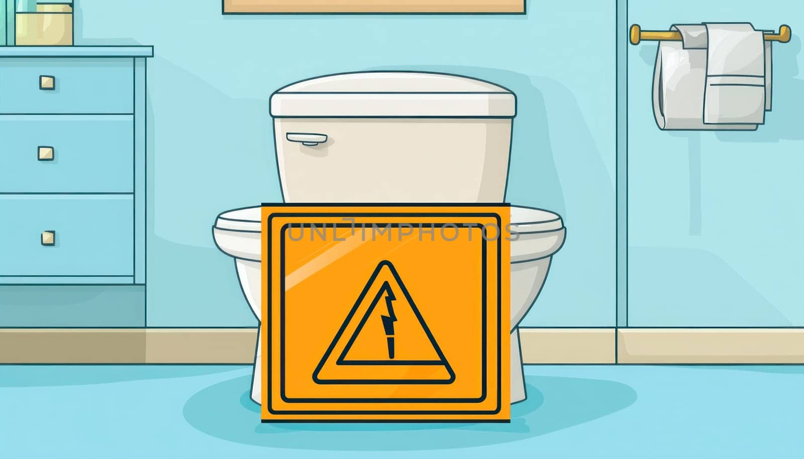 A colorful cartoon illustration depicting a bathroom that features a toilet, accompanied by a caution sign