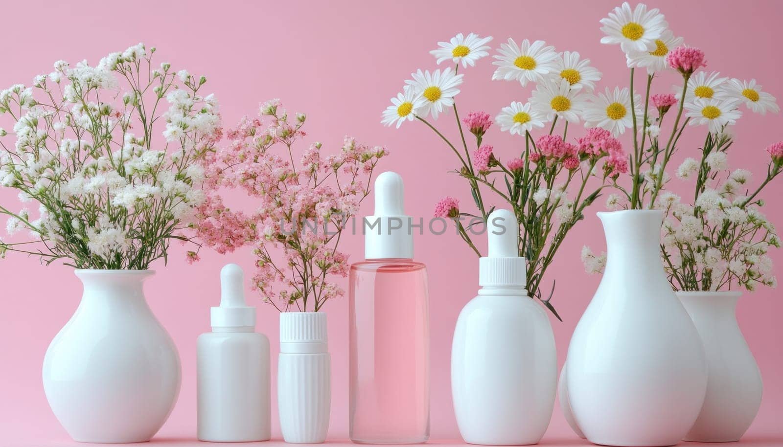 A beautiful row of elegant white vases filled with fresh flowers and colorful bottles set against a pink background
