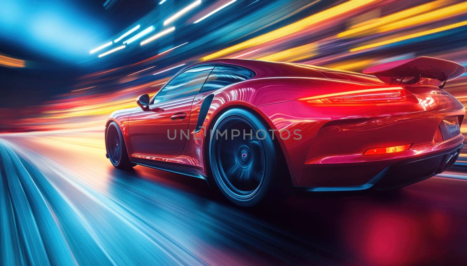 A shiny red sports car is driving swiftly down a long highway under the night sky, illuminated by street lights