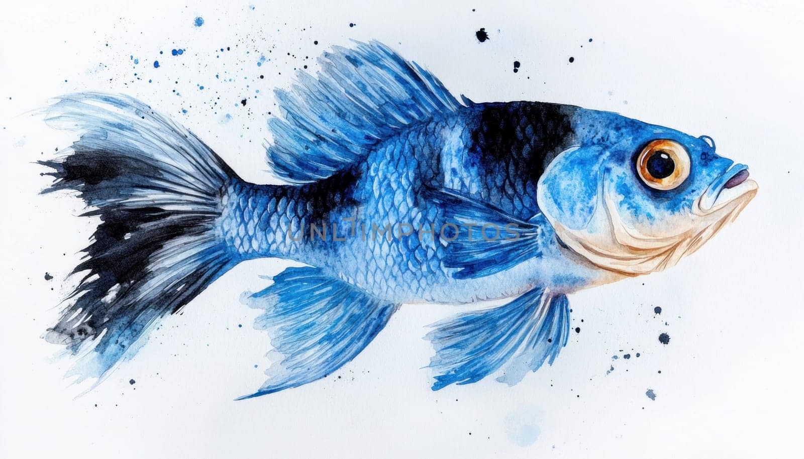 This artwork features a striking painting of a blue and black fish displayed vividly against a white background