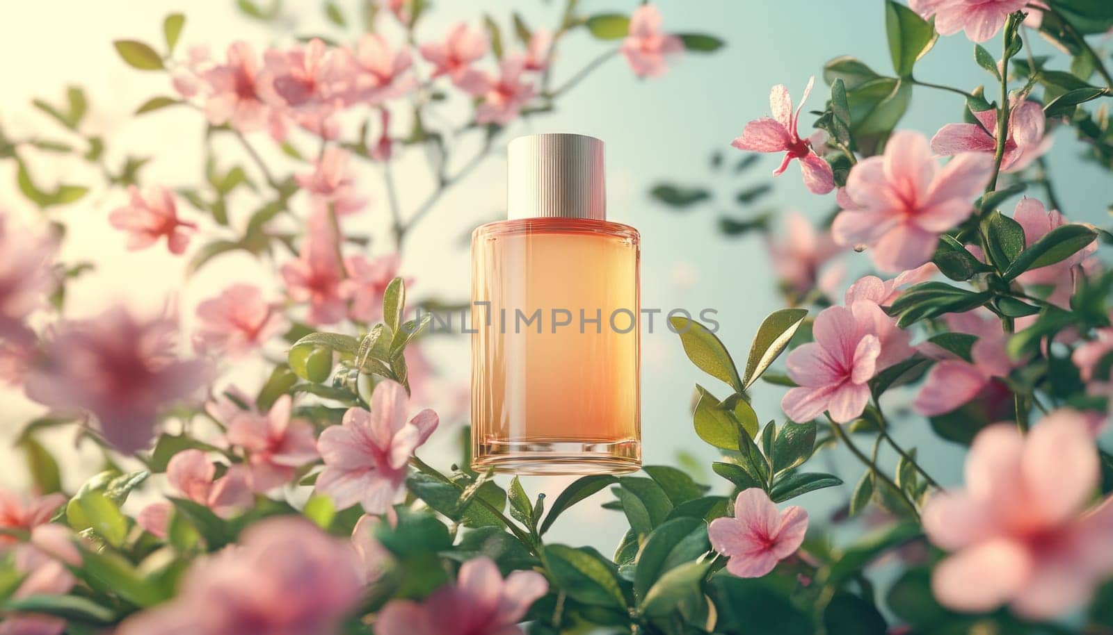 A lovely bottle of foundation is beautifully surrounded by gorgeous pink flowers and vibrant greenery