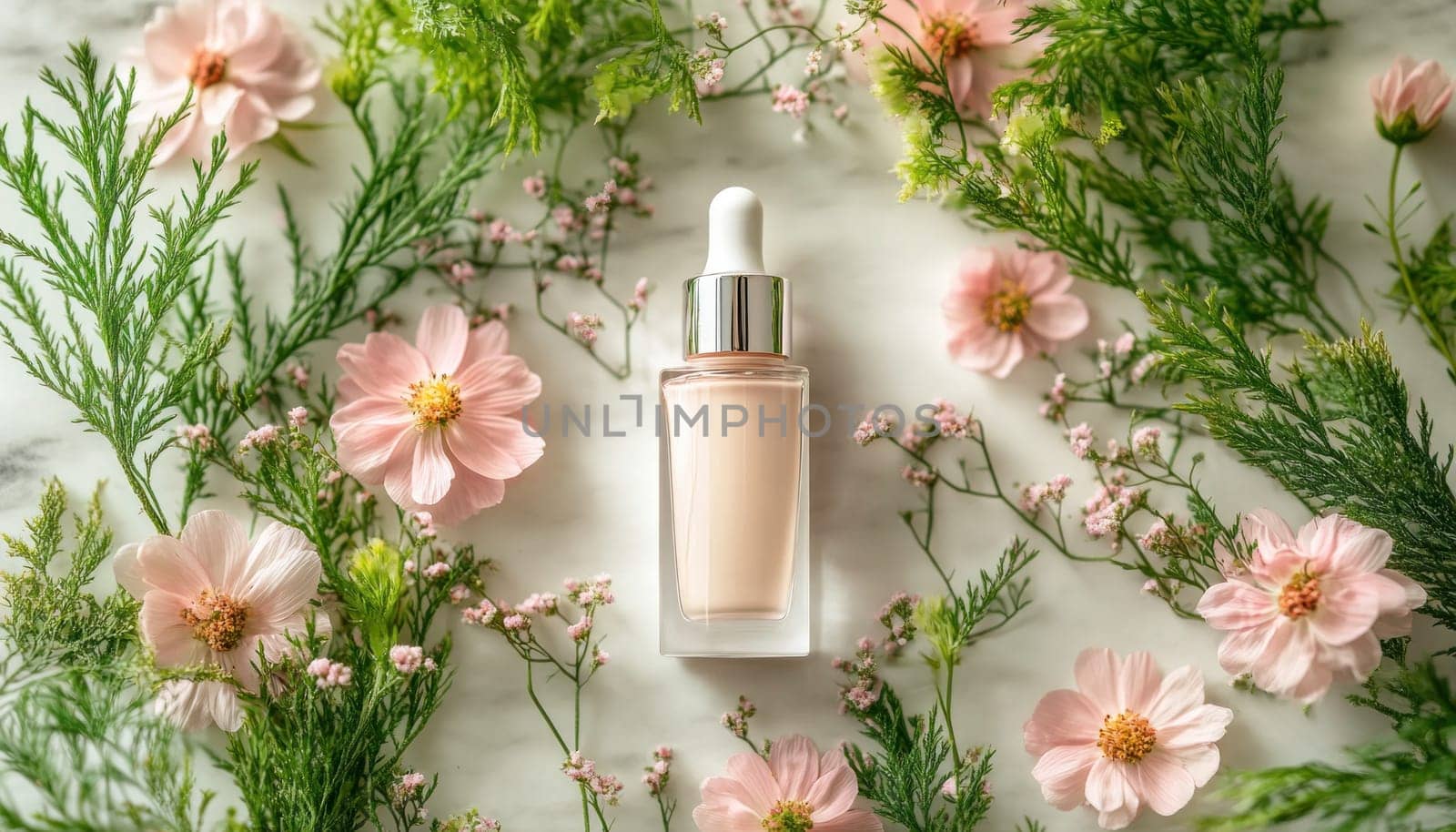 A lovely bottle of foundation is beautifully surrounded by gorgeous pink flowers and vibrant greenery