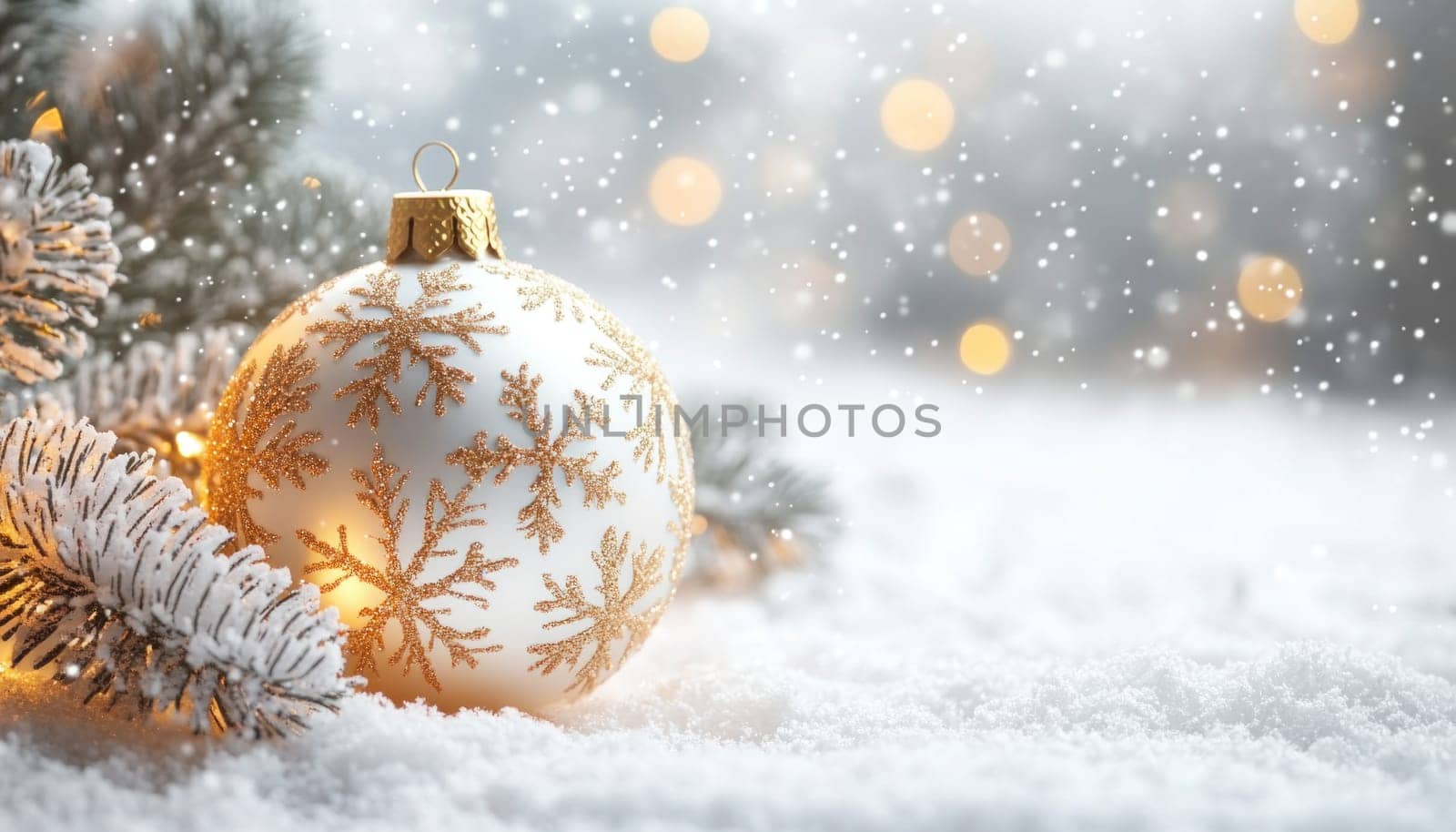A beautiful Christmas ornament is peacefully sitting in the soft snow, with a lovely Christmas tree in the background
