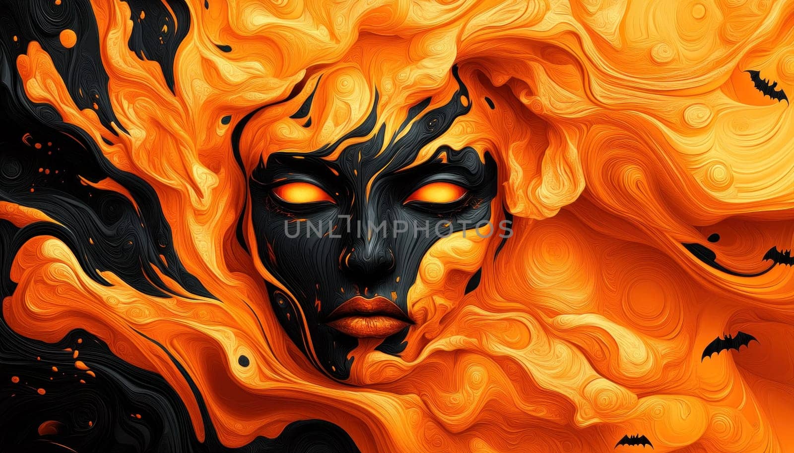 It is a striking painting that vividly depicts a womans face, with vibrant flames dramatically emerging from it