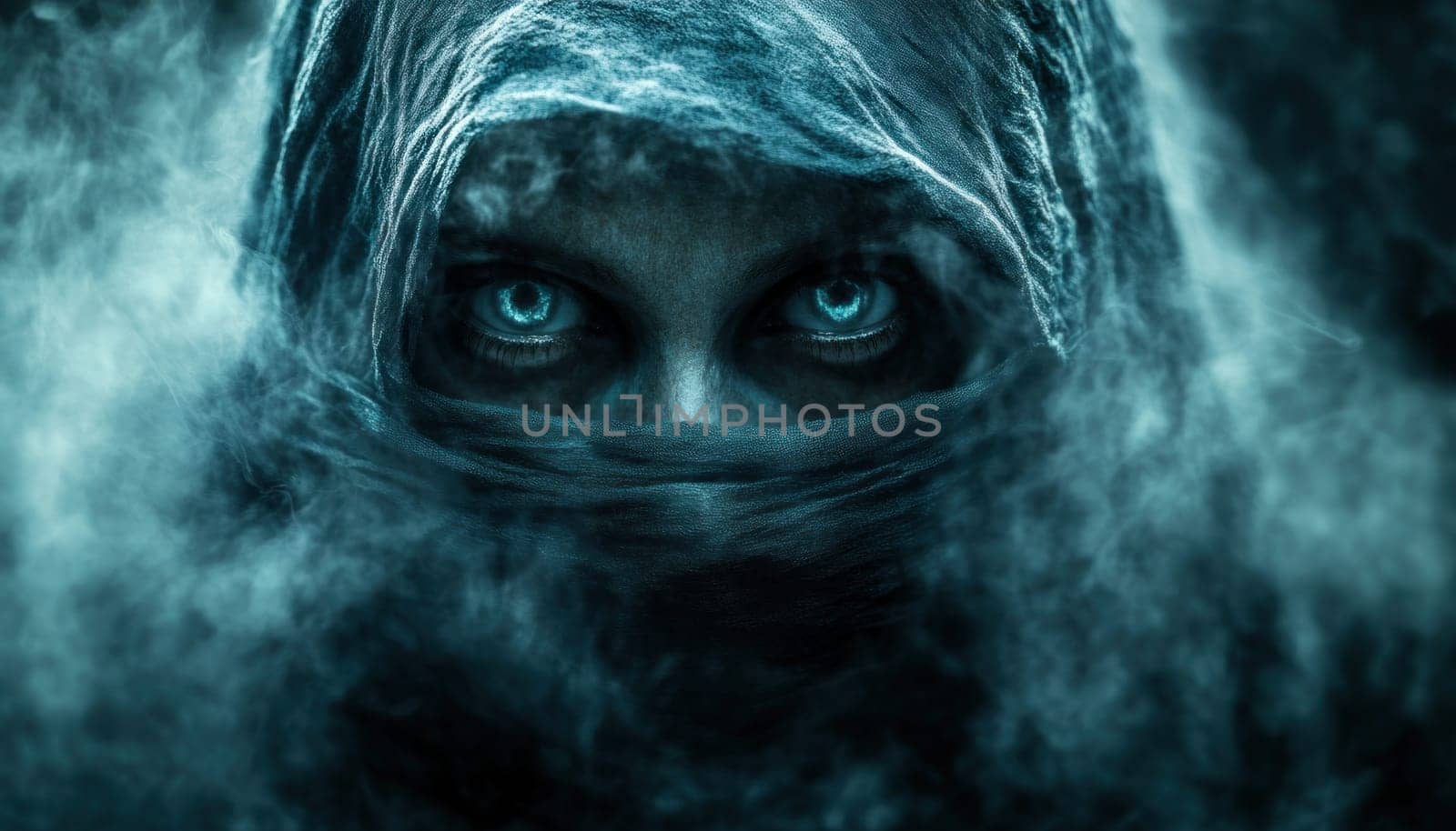 A closeup shot of a persons face featuring striking blue eyes that are partially obscured by swirling smoke