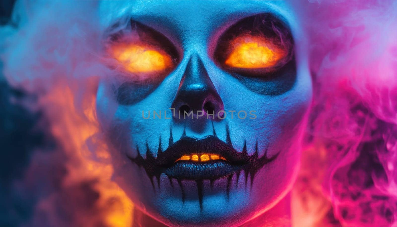 This is a detailed close up of a womans face that features a skull painted on it and is surrounded by smoke