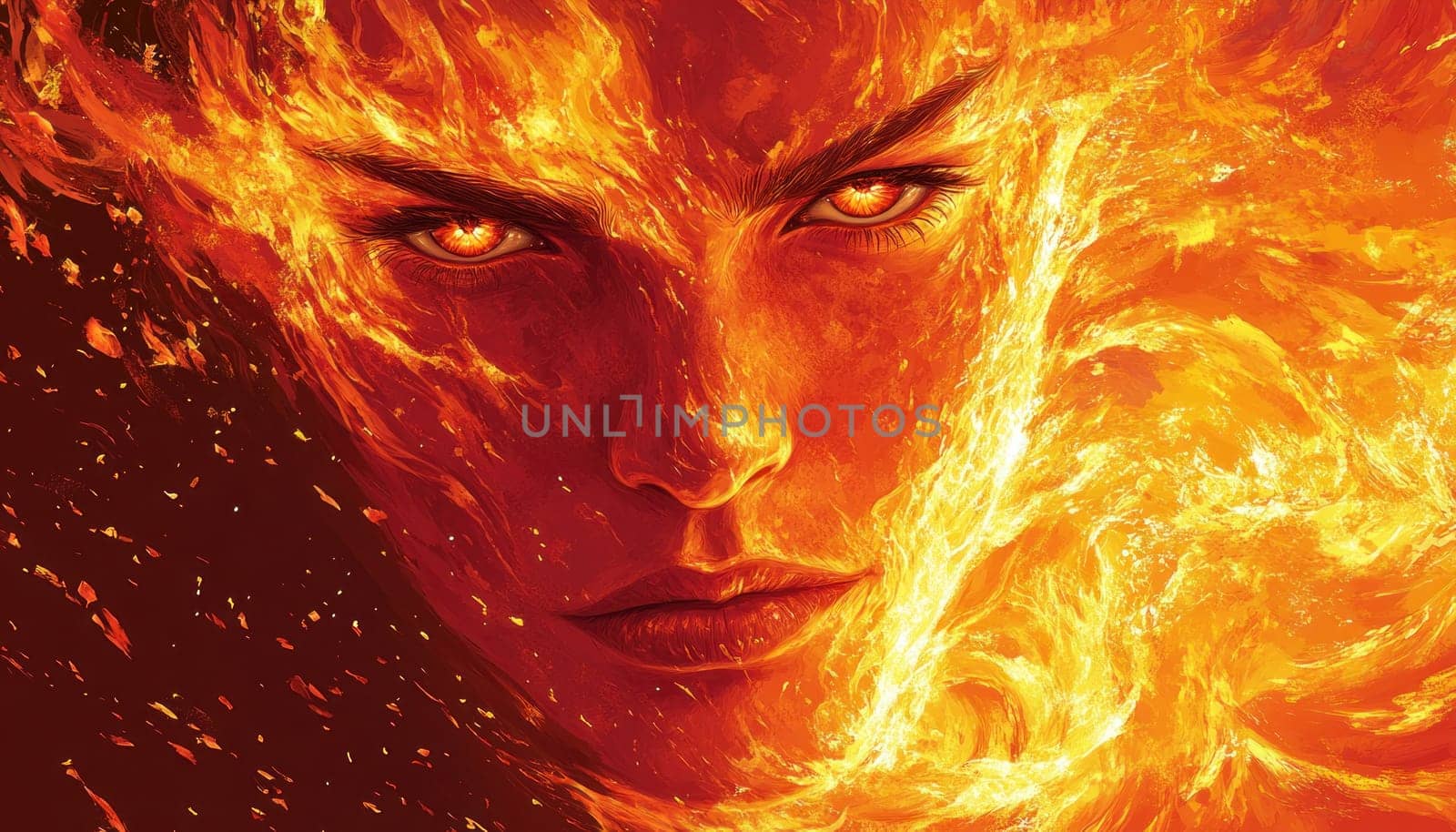 This is a captivating painting that features a mans face intricately surrounded by vivid, swirling flames