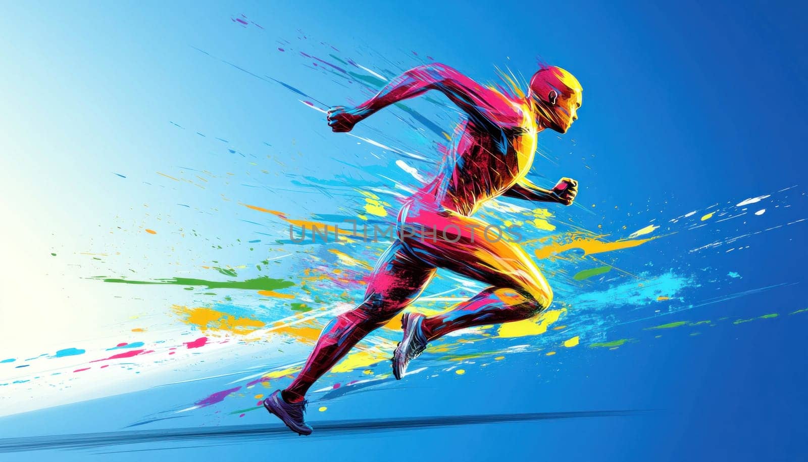 A vibrant and colorful painting depicts a man energetically running against a beautiful blue background