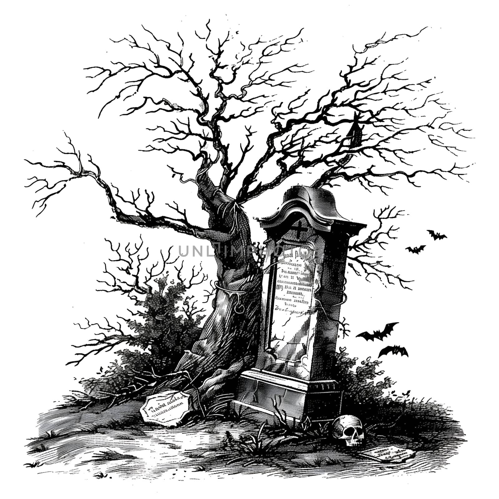 A graveyard scene with a tombstone and a tree. There are bats flying around the scene