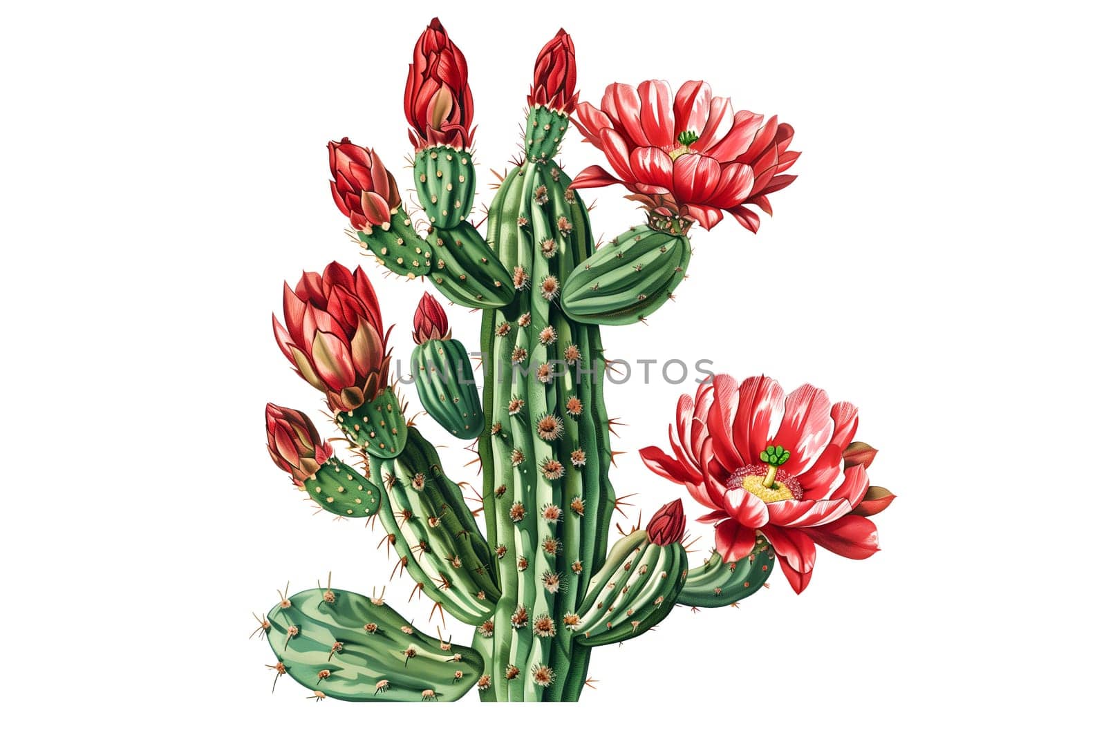 Vintage watercolor illustration of a large cactus with red flowers on it