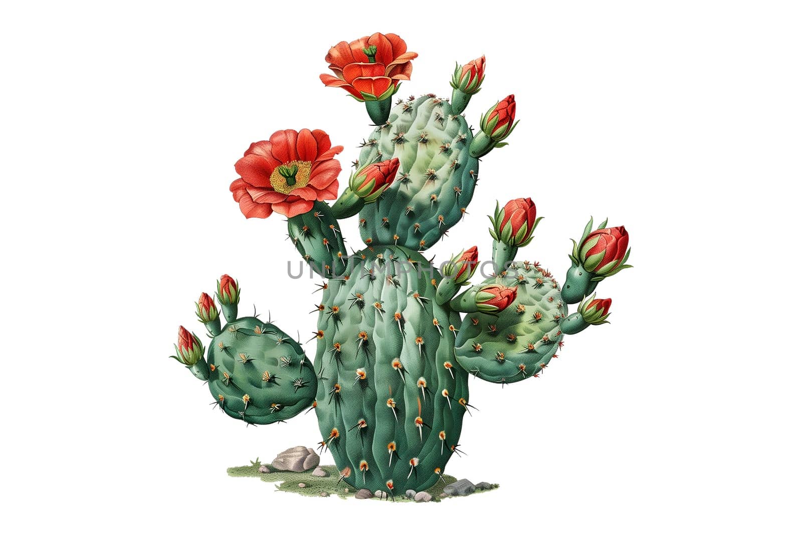 Vintage watercolor illustration of a large cactus with red flowers on it