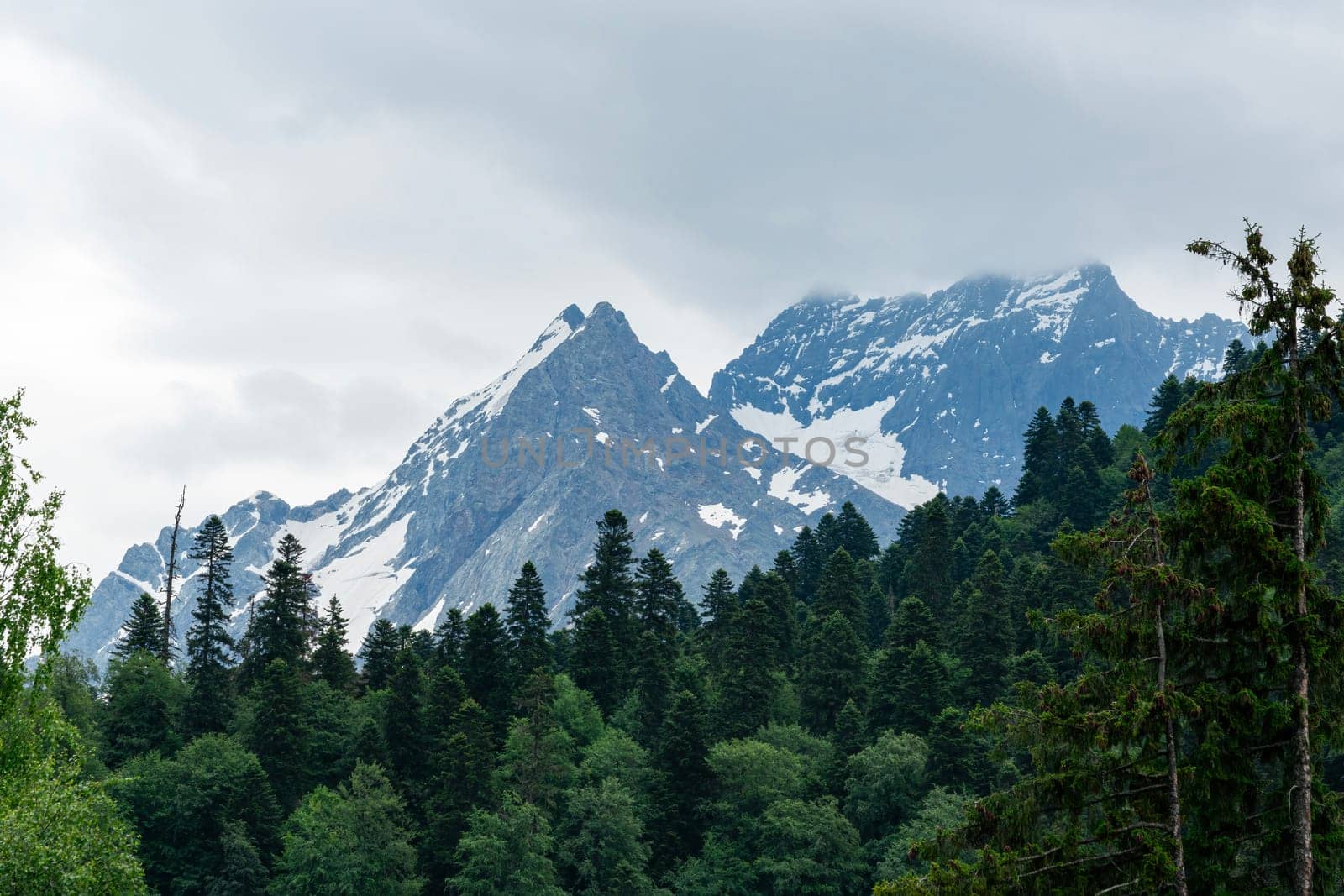 A drone flies over a mountain valley in the Caucasus Mountains. The valley is filled with green trees and a winding river. In the distance, a snow-capped peak rises above the valley.