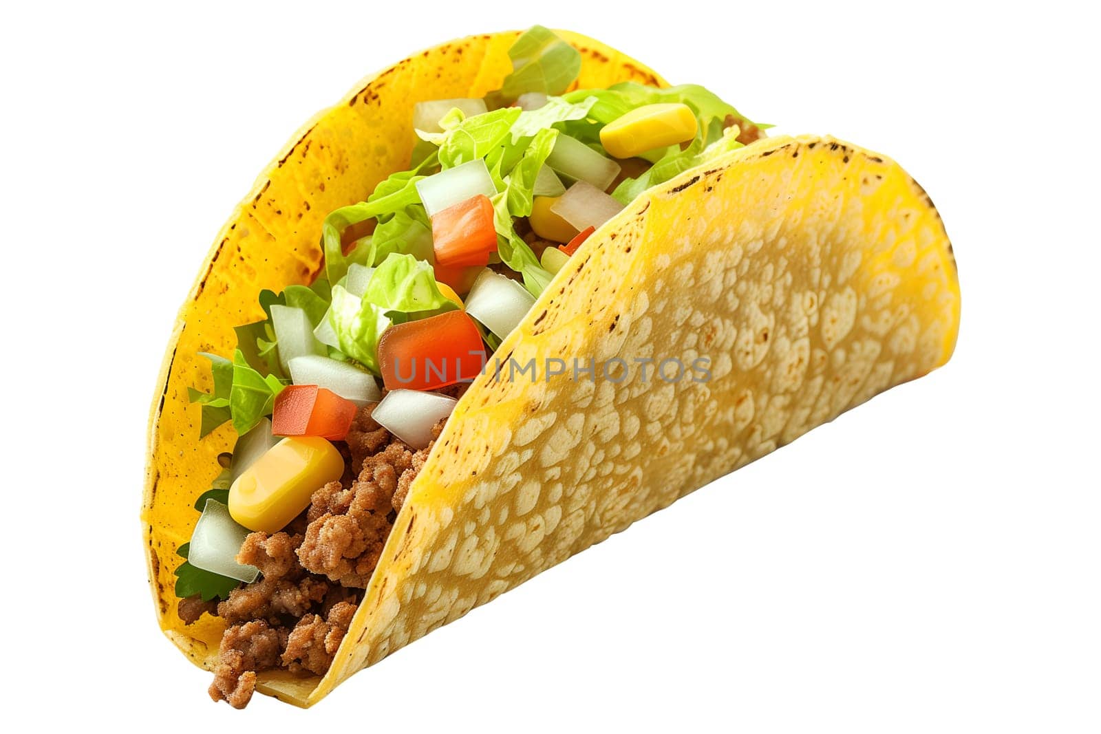 A taco with lettuce, tomatoes, and cheese. The taco is yellow and has a brown border
