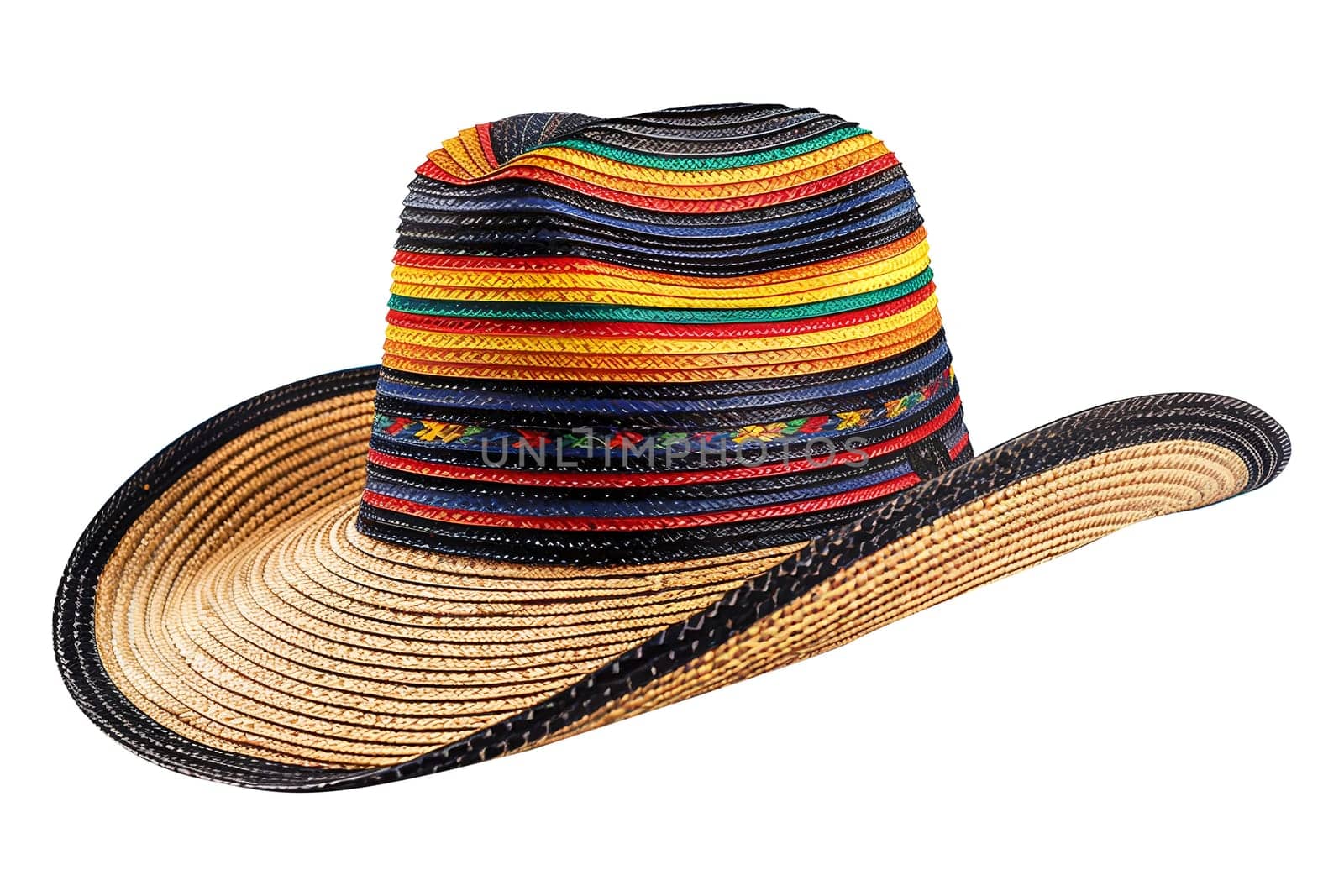 A colorful hat with a black band and a yellow band. The hat is made of straw and has a wide brim