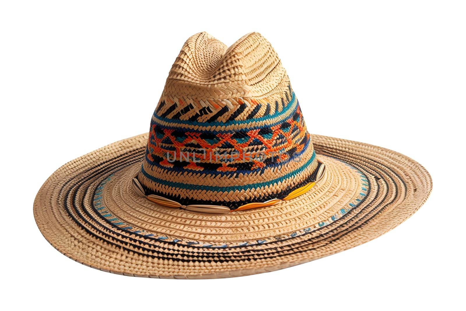 A colorful hat with a black band and a yellow band. The hat is made of straw and has a wide brim
