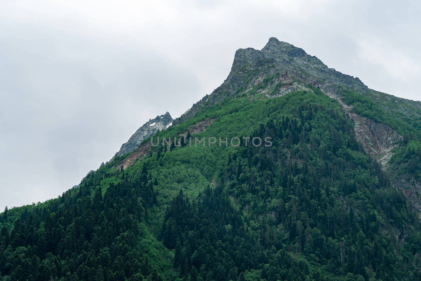 A drone flies over a mountain valley in the Caucasus Mountains. The valley is filled with green trees and a winding river. In the distance, a snow-capped peak rises above the valley.