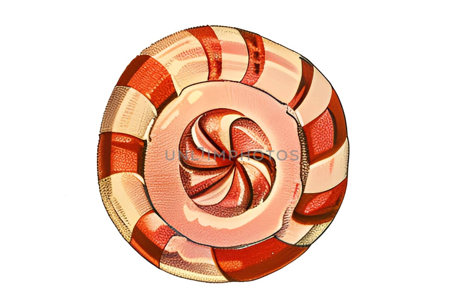 A candy with a swirl design on it. The candy is red and white. The swirl design is made up of lines and dots