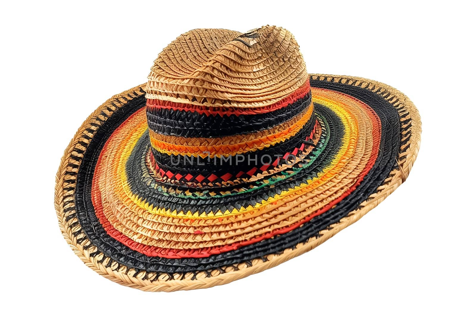 A colorful hat with a black band and a yellow band. The hat is made of straw and has a wide brim