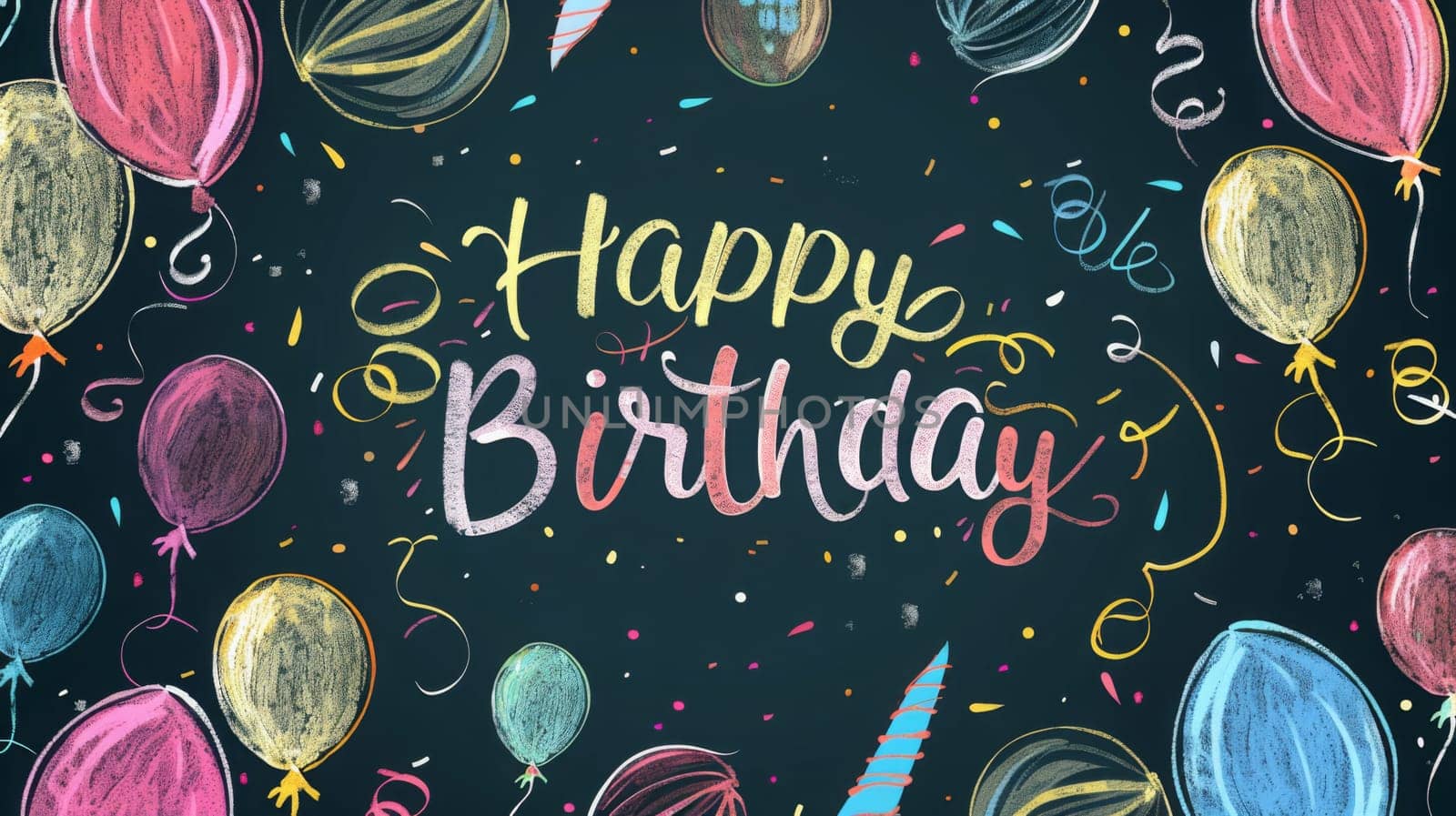Brightly colored balloons and confetti surround a cheerful Happy Birthday greeting, creating a festive atmosphere.