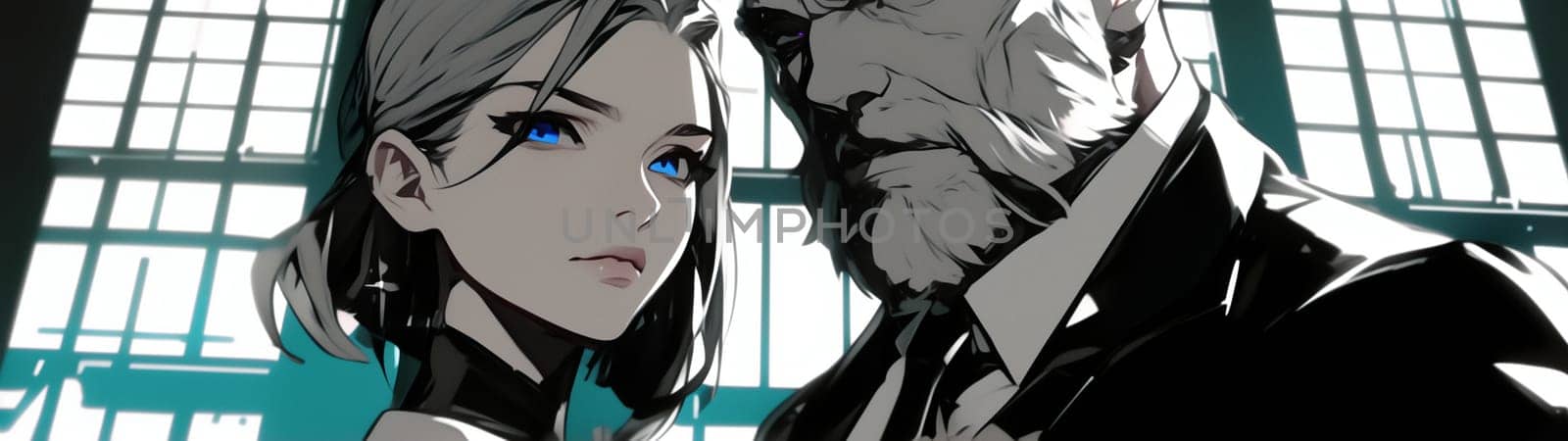 Illustration of a young woman with striking blue eyes and an elderly man, both dressed formally, set against a dramatic, high-contrast background.