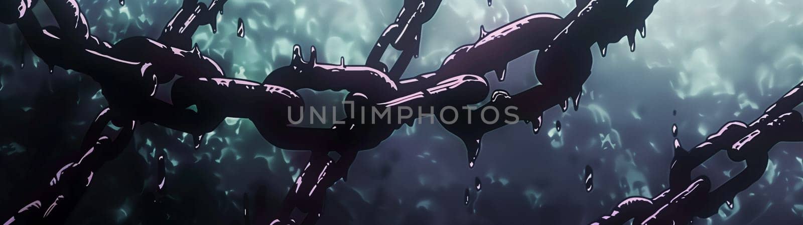 Close-up view of dark chains illuminated by eerie blue light, with water droplets and mist creating a mysterious and foreboding atmosphere.