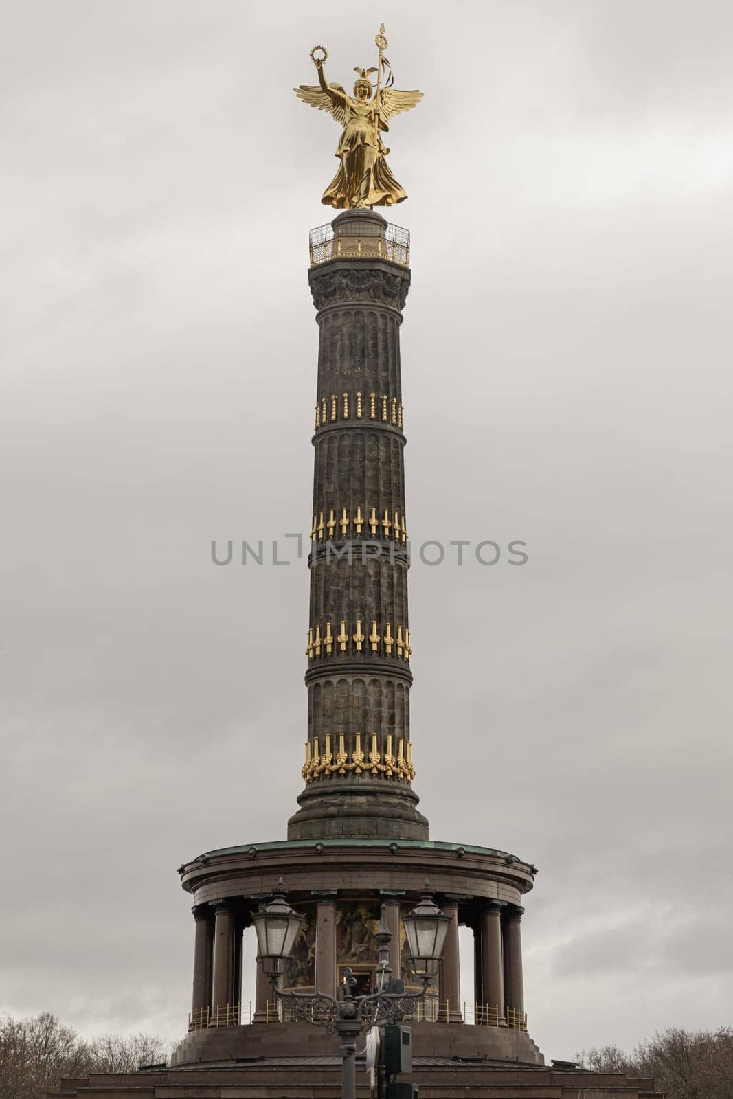Berlin, Germany - Dec 20, 2023 - The victory column with Goddess Victoria to Celebrate Prussia's victory in the Franco-German War in the Tiergarten, One of the most important sights of Berlin and one of the most important national monuments of Germany, Space for text, Selective focus.