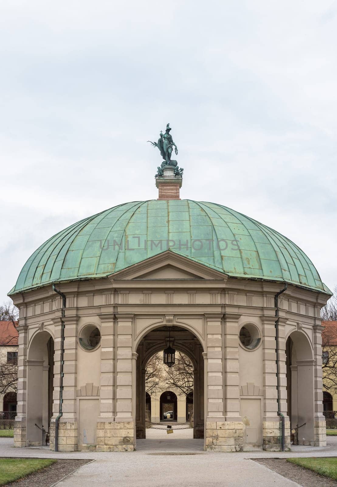 Munich, Germany - Dec 21, 2023 - View of The Diana Temple (Dianatempel) in the Munich Hofgarten at the garden of the Munich Residenz. Copy space, Selective focus.