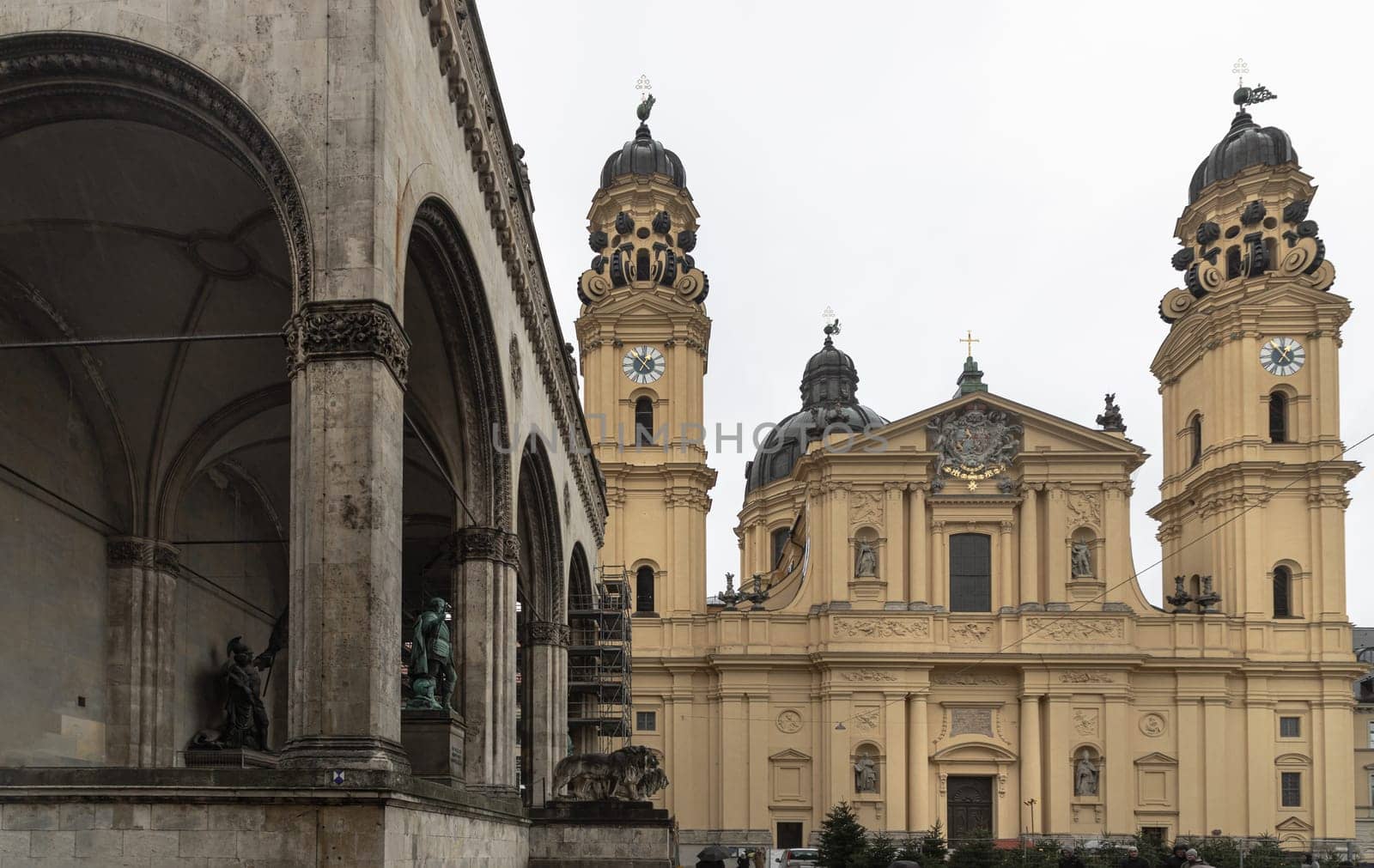 Munich, Germany - Dec 21, 2023 - View of The Theatine Church of St. Cajetan and Adelaide (Theatinerkirche St. Kajetan und Adelheid) a Catholic church on Odeonsplatz in Munich. Space for text, Selective focus.