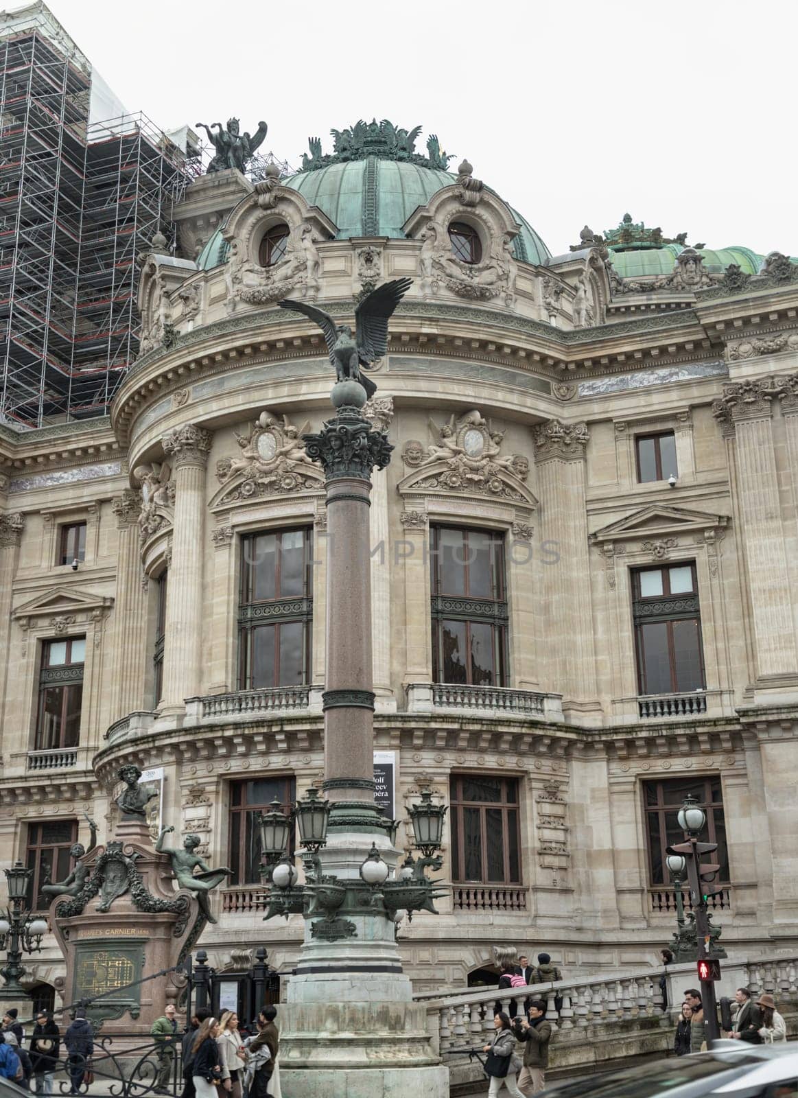 France, Paris - Jan 04, 2024 - Architectural details of The Palais Garnier (Opera National de Paris). Place de l'Opéra (Opera Garnier) is famous Neo-baroque building in Paris, UNESCO World Heritage Site, The Paris Opera House, Space for text, Selective focus.
