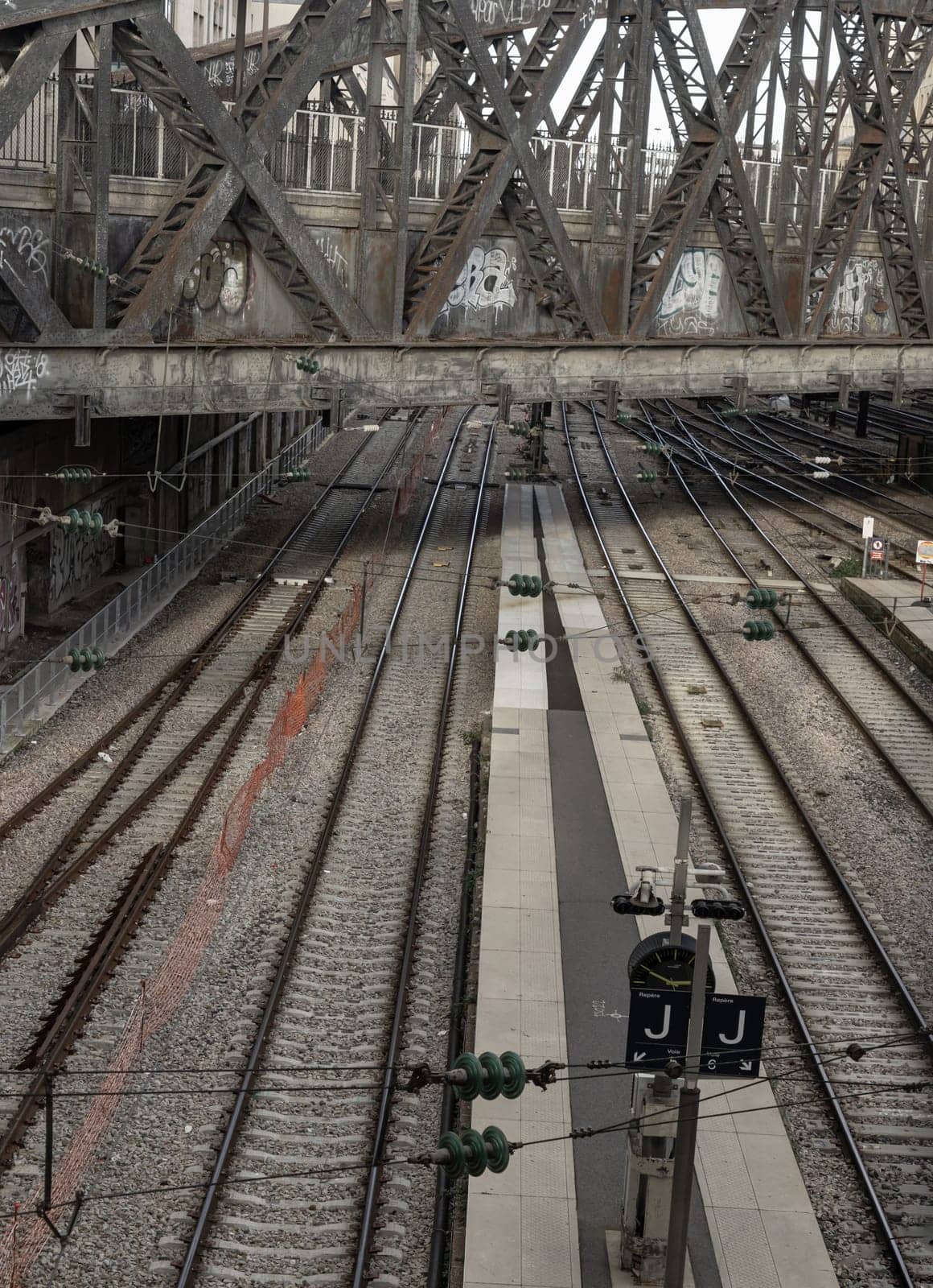 France, Paris - Jan 05, 2024 - Rue de l'Aqueduc Bridge (Viaduc de la rue de l'Aqueduc) built above the railways of gare de l'Est, Pont de Lafayette, Copy space, Selective focus.