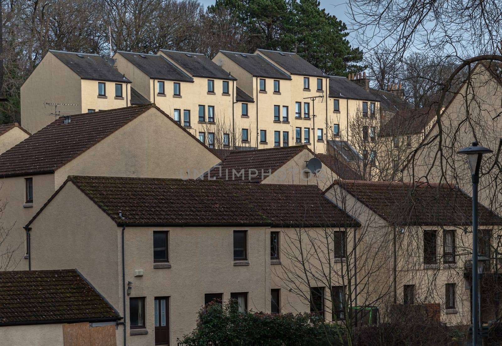 Edinburgh, Scotland - Jan 16, 2024 - Picturesque view of Flats or Apartment buildings in the Damside area of Dean Village. Tenement houses, Copy space, Selective focus.