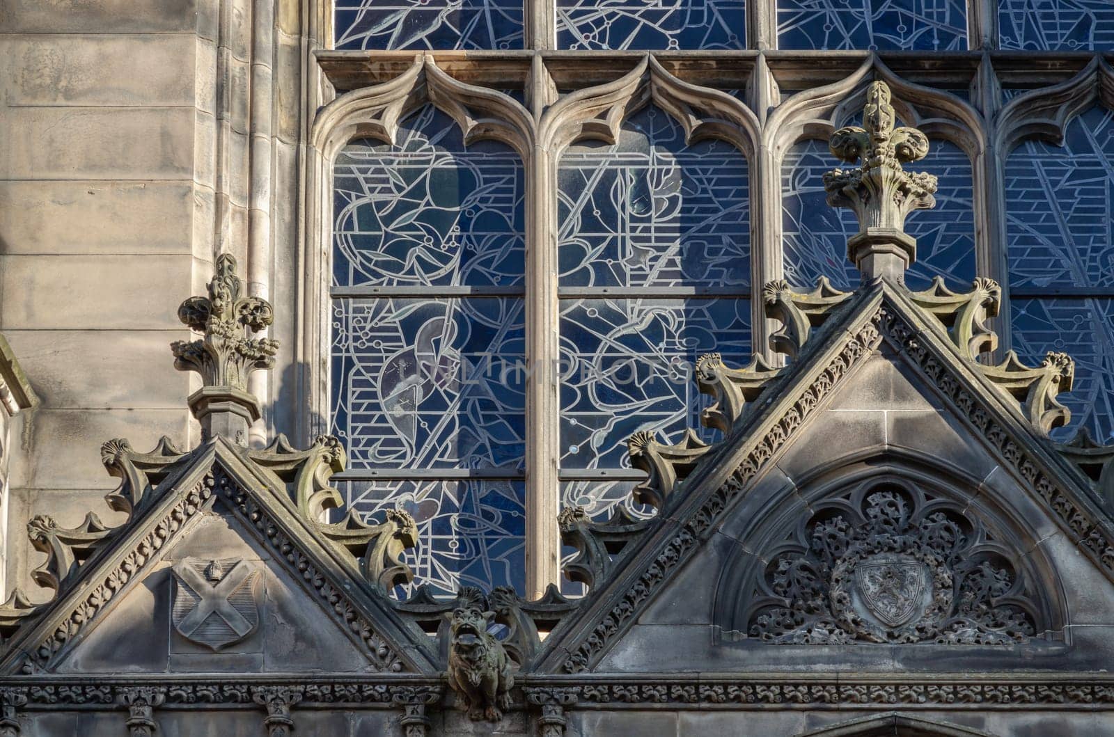 Edinburgh, Scotland - Jan 18, 2024 - Architectural exterior detail of St Giles' Cathedral or the High Kirk of Edinburgh in gothic style. Copy space, Selective focus.