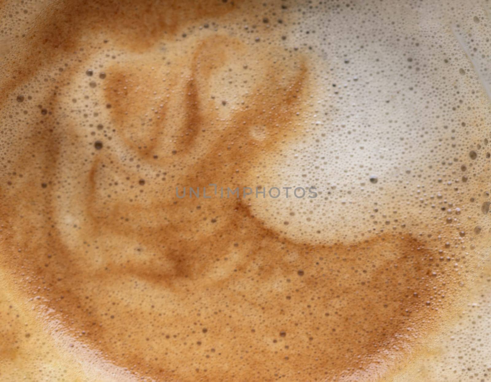 Top view of Cappuccino milk foam closeup. Very creamy coffee foam with bubbles, Coffee Time in the Morning, Top view, Copy space, Selective focus.