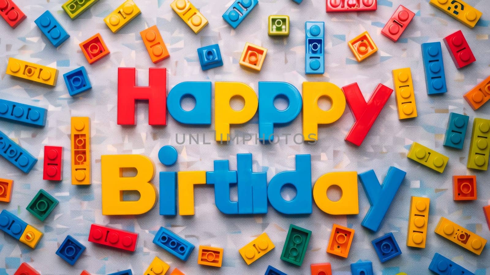Colorful building blocks spell out Happy Birthday against a light background, creating a festive atmosphere for a birthday celebration.