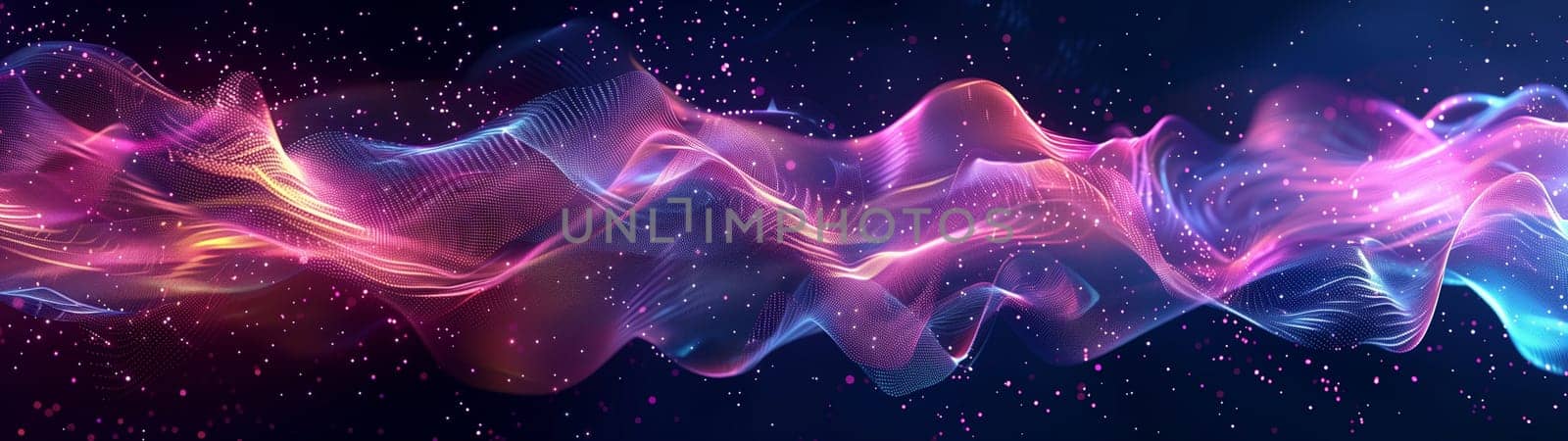 Vibrant abstract wave pattern featuring a blend of pink, purple, and blue light and smoke on a dark background, evoking a sense of energy and motion.