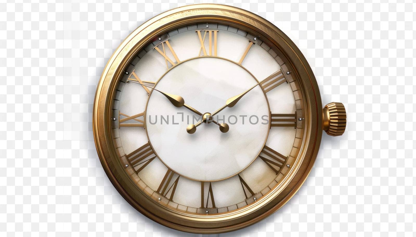 A beautiful gold clock adorned with roman numerals that stands out against a pristine white background
