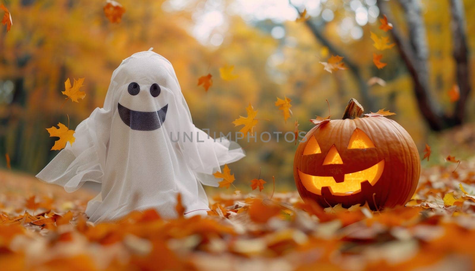 A playful ghost alongside an orange pumpkin is cozily resting together on a vibrant pile of autumn leaves