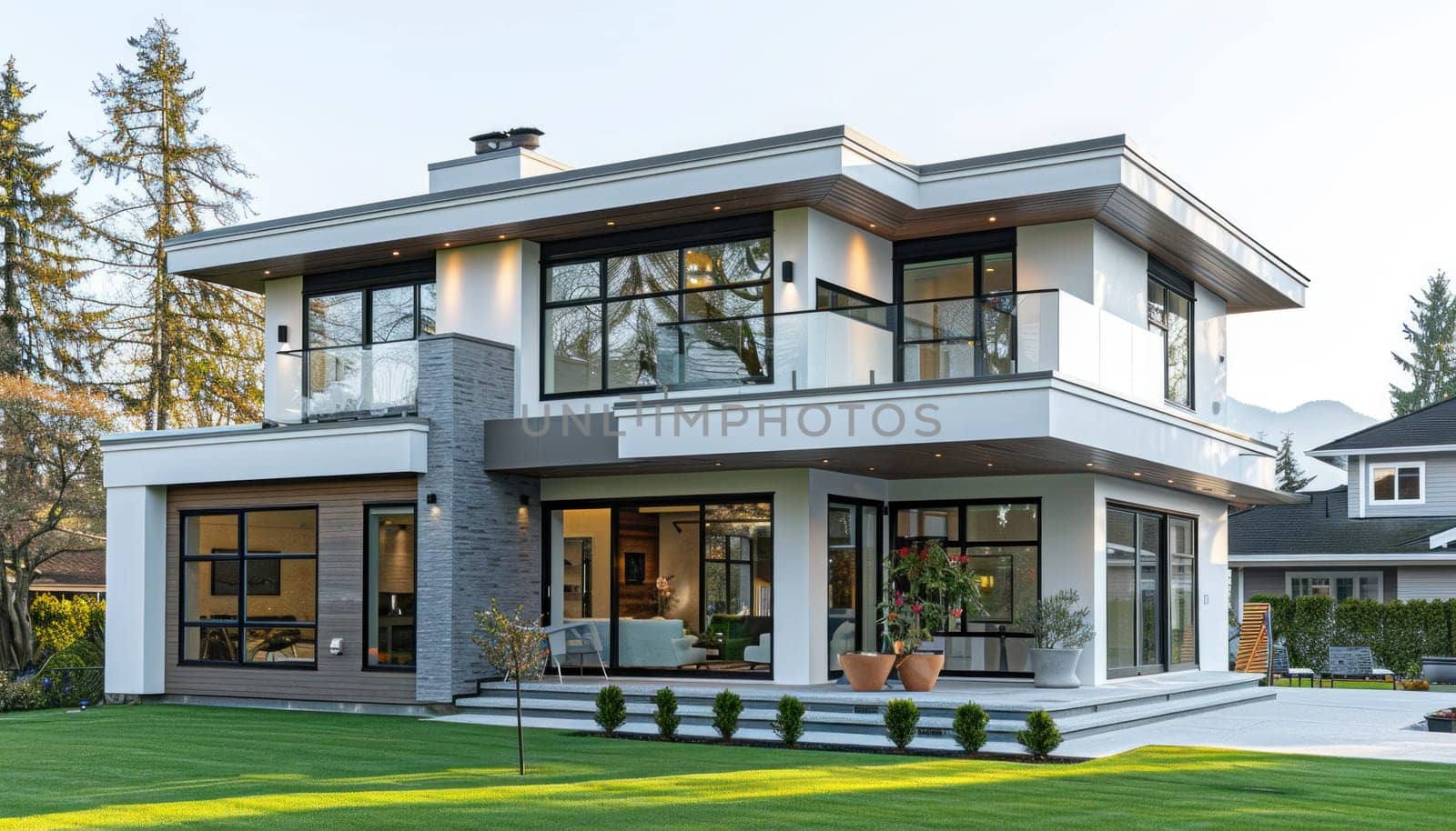 A large, beautiful white house featuring numerous windows is gracefully sitting on top of a lush green lawn